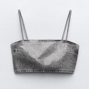 Zara Spaghetti Strap Denim Crop Sequined Top Gray Sz XS NWT